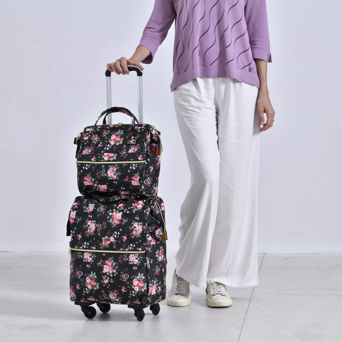 Set of 2 Travel Bags, Black Flower Backpack with Wheel and Adjustable Handle and Tote Bag image number 1