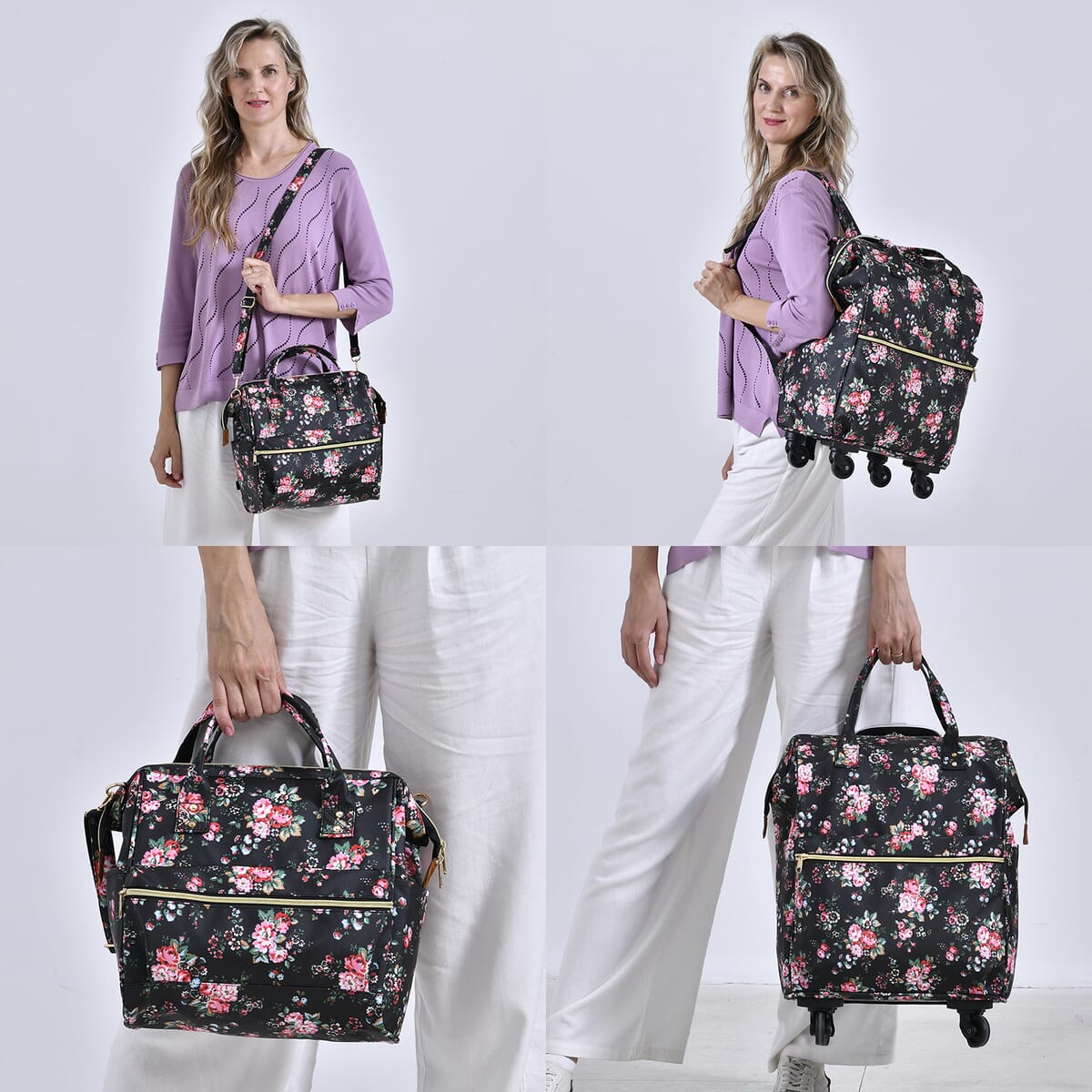 Set of 2 Travel Bags, Black Flower Backpack with Wheel and Adjustable Handle and Tote Bag image number 2