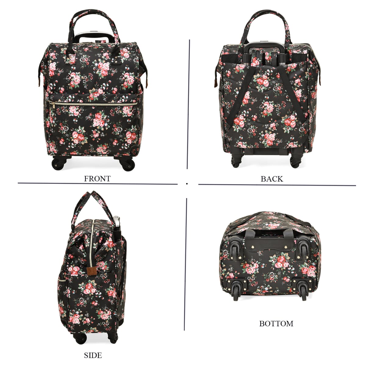 Set of 2 Travel Bags, Black Flower Backpack with Wheel and Adjustable Handle and Tote Bag image number 3