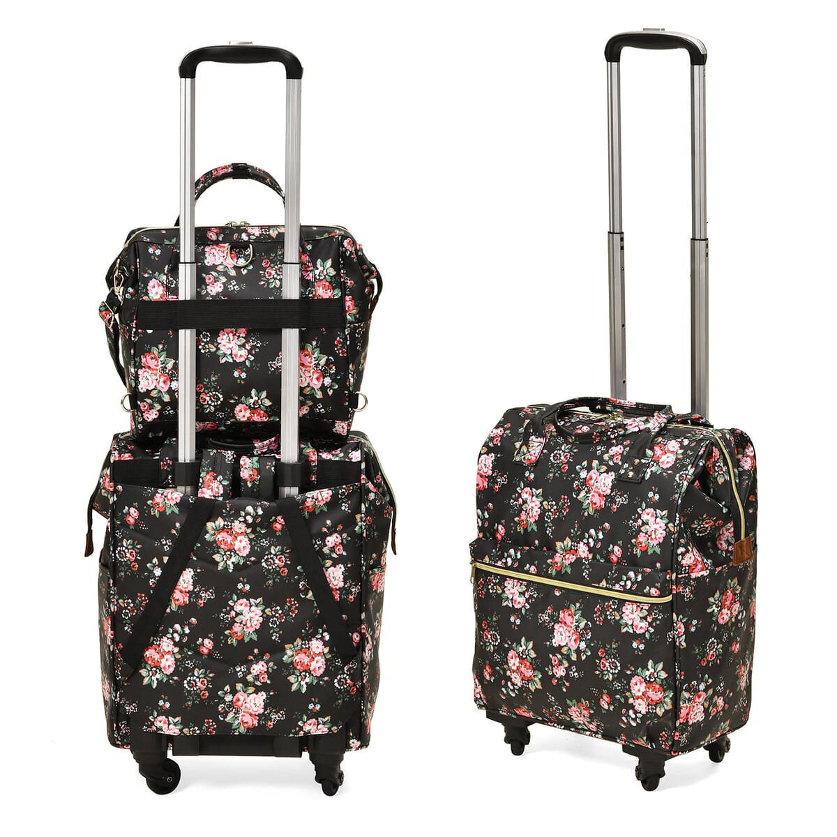 Set of 2 Travel Bags, Black Flower Backpack with Wheel and Adjustable Handle and Tote Bag image number 4