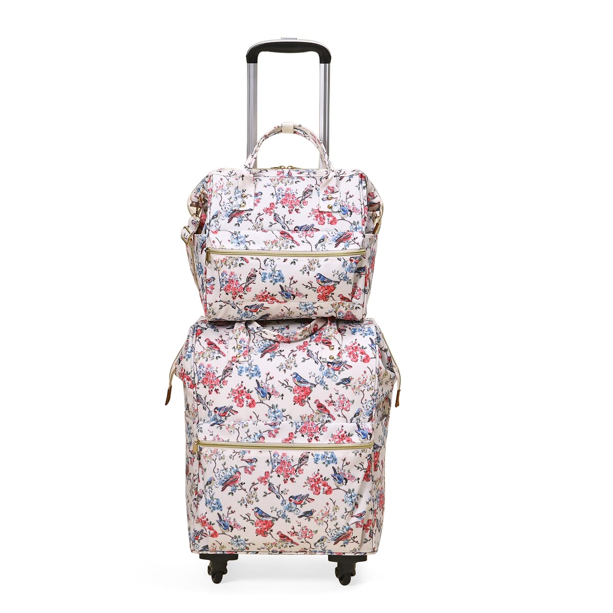Set of 2 Travel Bags, Off-White Flower and Bird Backpack with Wheel and Adjustable Handle and Tote Bag image number 0