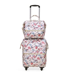 Set of 2 Travel Bags, Off-White Flower and Bird Backpack with Wheel and Adjustable Handle and Tote Bag