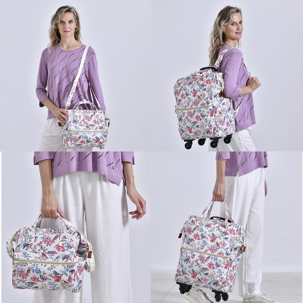 Set of 2 Travel Bags, Off-White Flower and Bird Backpack with Wheel and Adjustable Handle and Tote Bag image number 2