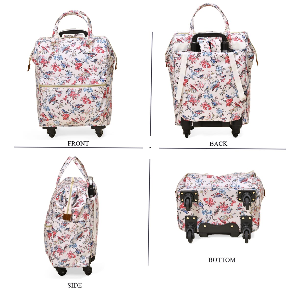 Set of 2 Travel Bags, Off-White Flower and Bird Backpack with Wheel and Adjustable Handle and Tote Bag image number 3