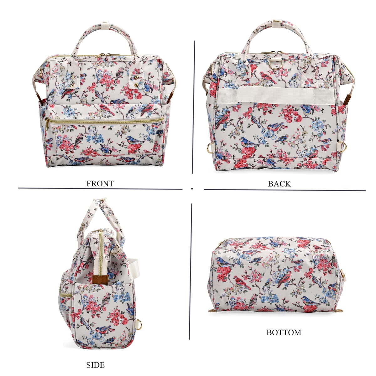 Set of 2 Travel Bags, Off-White Flower and Bird Backpack with Wheel and Adjustable Handle and Tote Bag image number 6