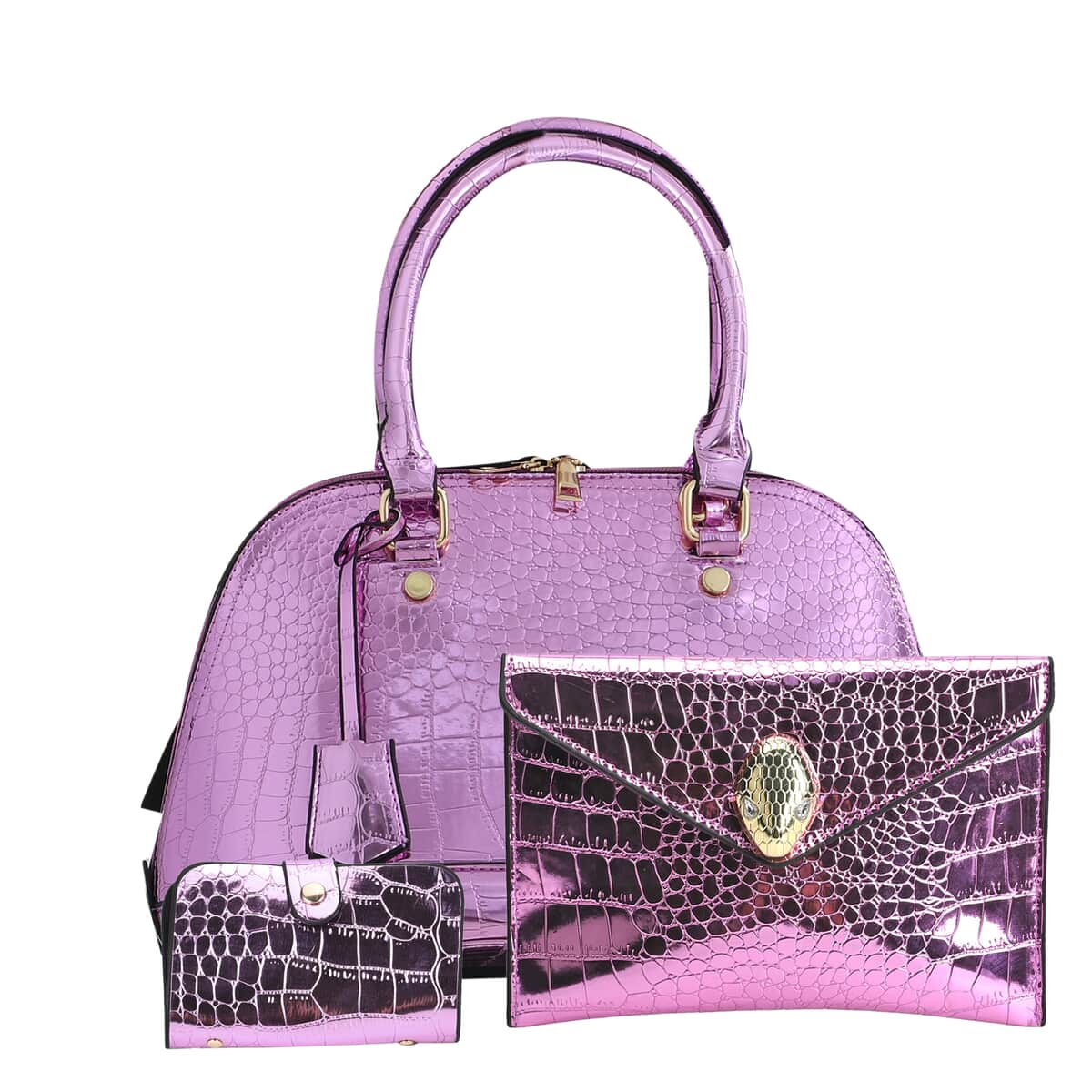 Set of 3 Purple Faux Leather Crocodile Embossed Metallic Shoulder Bag, Crossbody Bag and Card Holder image number 0