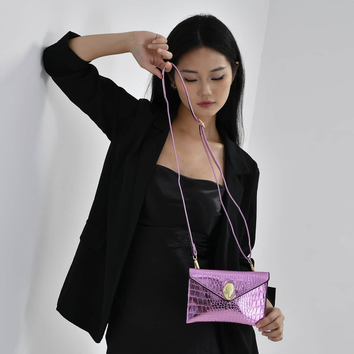 Set of 3 Purple Faux Leather Crocodile Embossed Metallic Shoulder Bag, Crossbody Bag and Card Holder image number 2