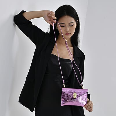 Set of 3 Purple Faux Leather Crocodile Embossed Metallic Shoulder Bag, Crossbody Bag and Card Holder