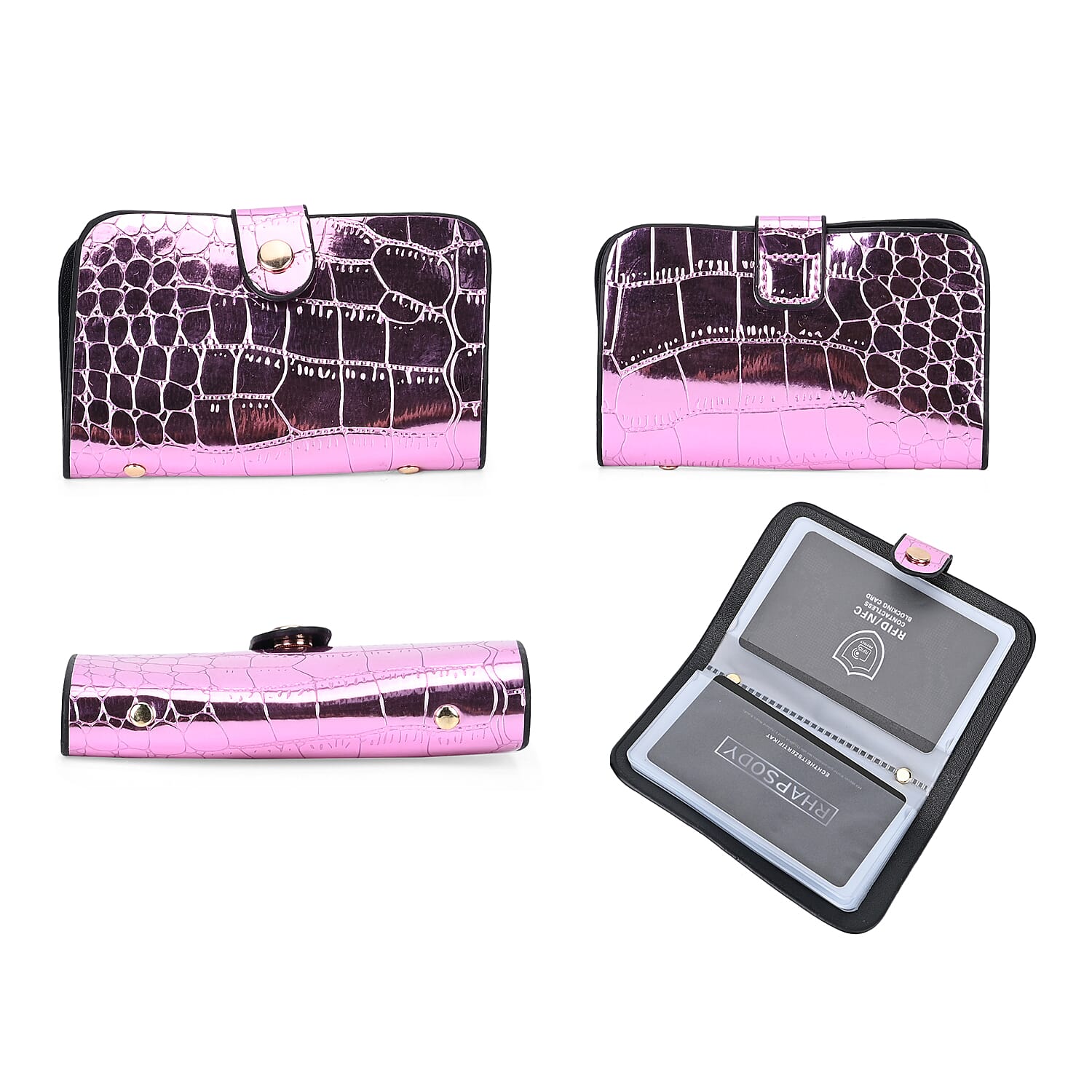 Set of 3 Purple Faux Leather Crocodile Embossed Metallic Shoulder Bag, Crossbody Bag and Card Holder