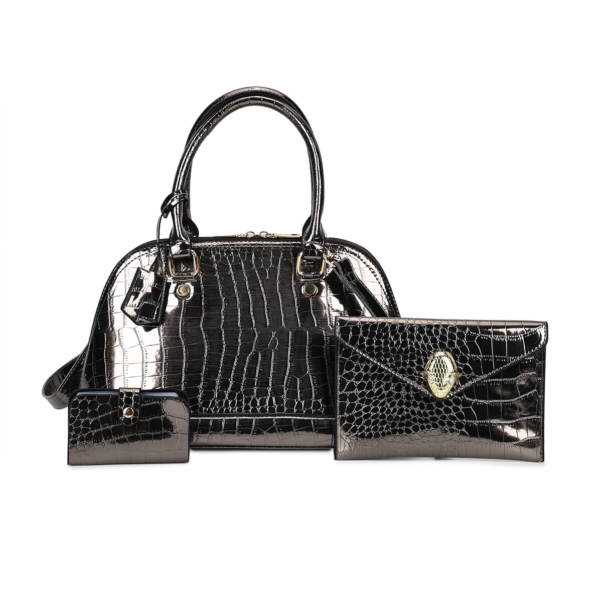 Set of 3 Gun Faux Leather Crocodile Embossed Metallic Shoulder Bag, Crossbody Bag and Card Holder image number 0