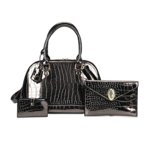 Set of 3 Gun Faux Leather Crocodile Embossed Metallic Shoulder Bag, Crossbody Bag and Card Holder