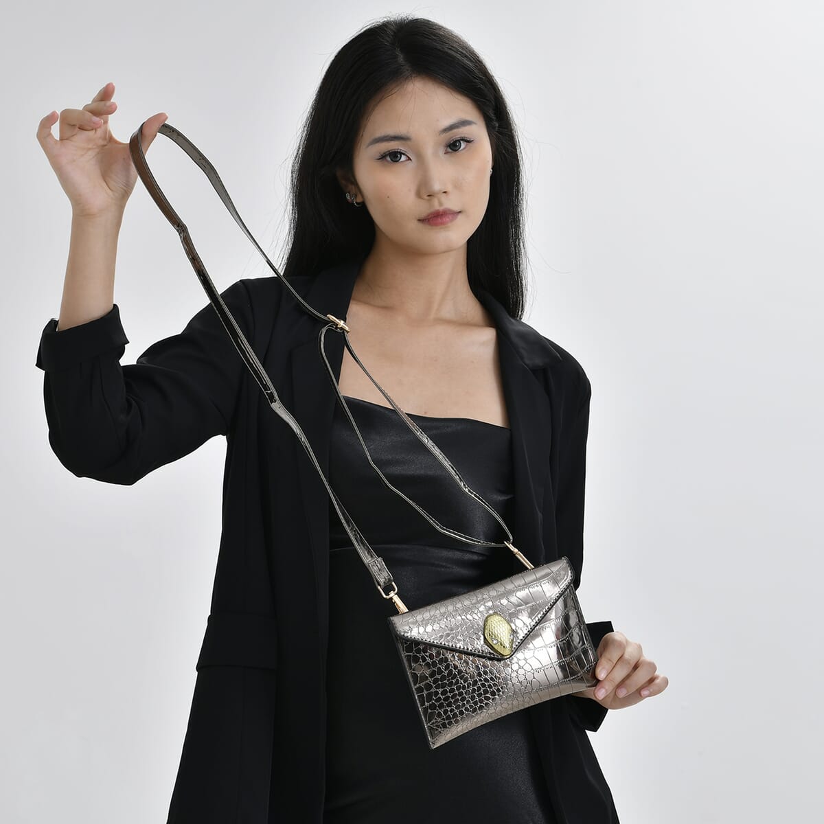Set of 3 Gun Faux Leather Crocodile Embossed Metallic Shoulder Bag, Crossbody Bag and Card Holder image number 2