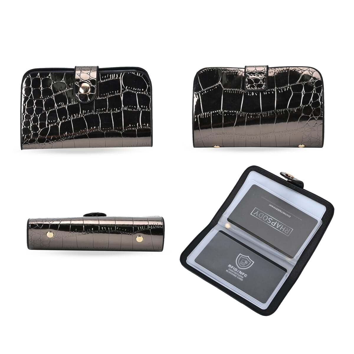 Set of 3 Gun Faux Leather Crocodile Embossed Metallic Shoulder Bag, Crossbody Bag and Card Holder image number 7
