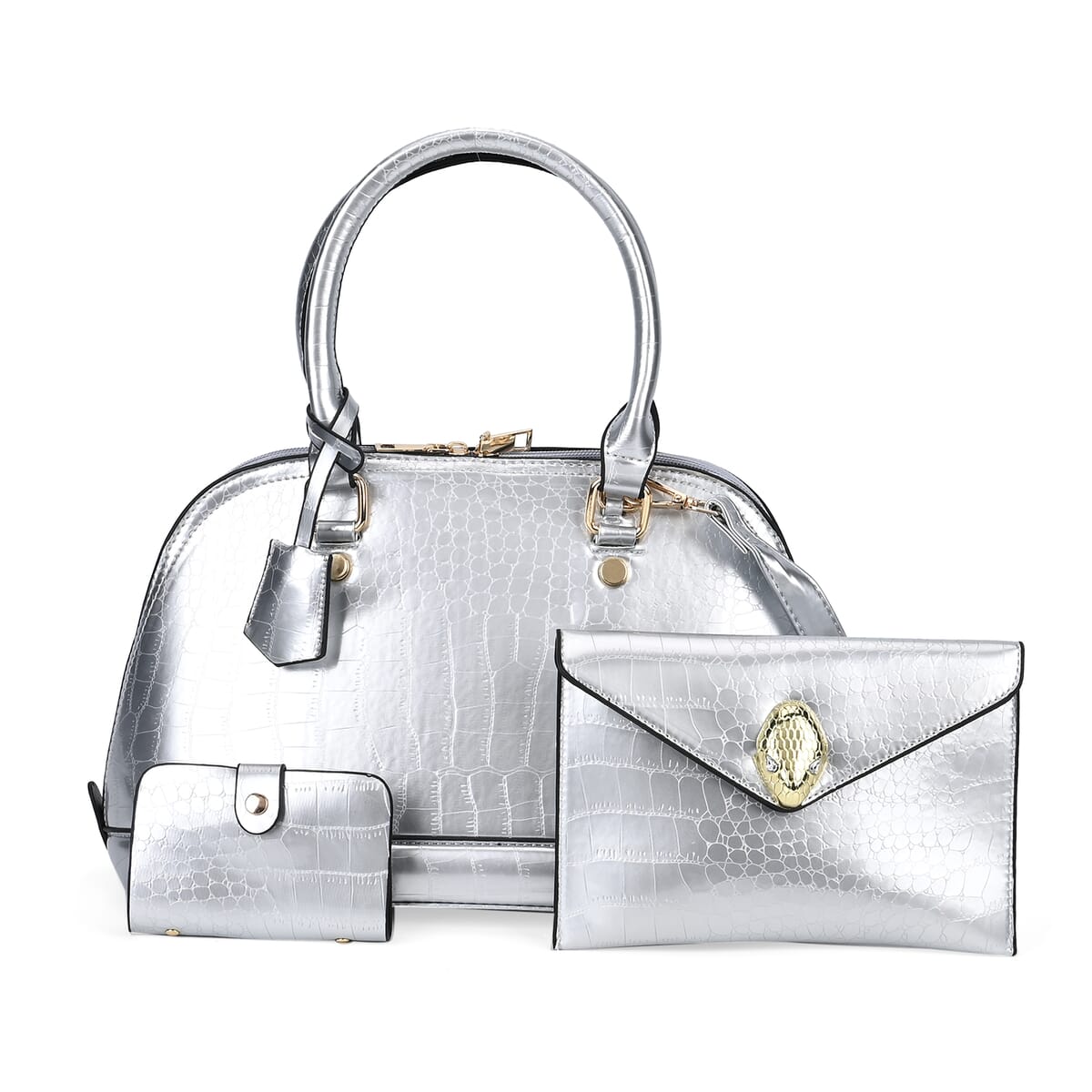 Set of 3 Silver Faux Leather Crocodile Embossed Metallic Shoulder Bag, Crossbody Bag and Card Holder image number 0