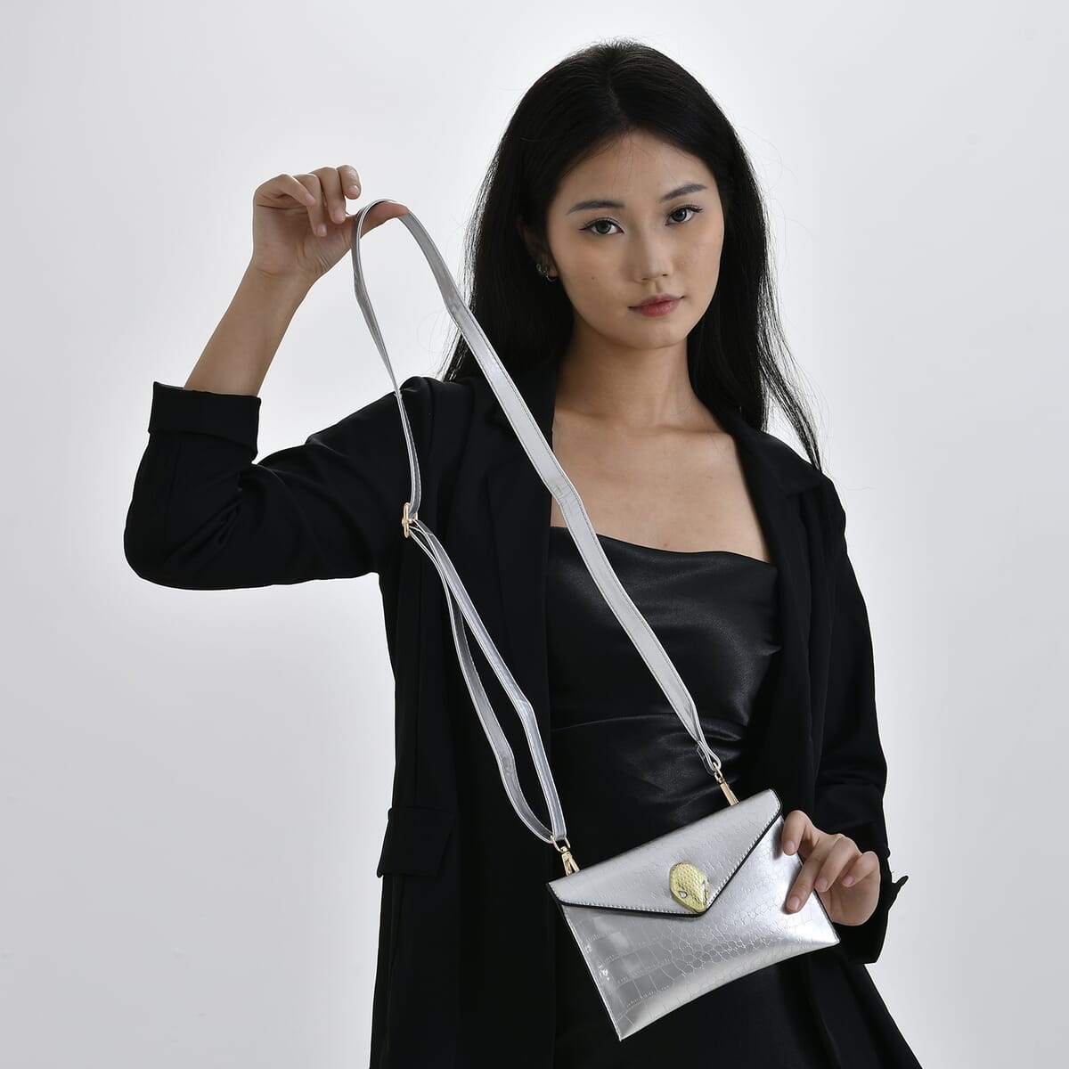 Set of 3 Silver Faux Leather Crocodile Embossed Metallic Shoulder Bag, Crossbody Bag and Card Holder image number 2