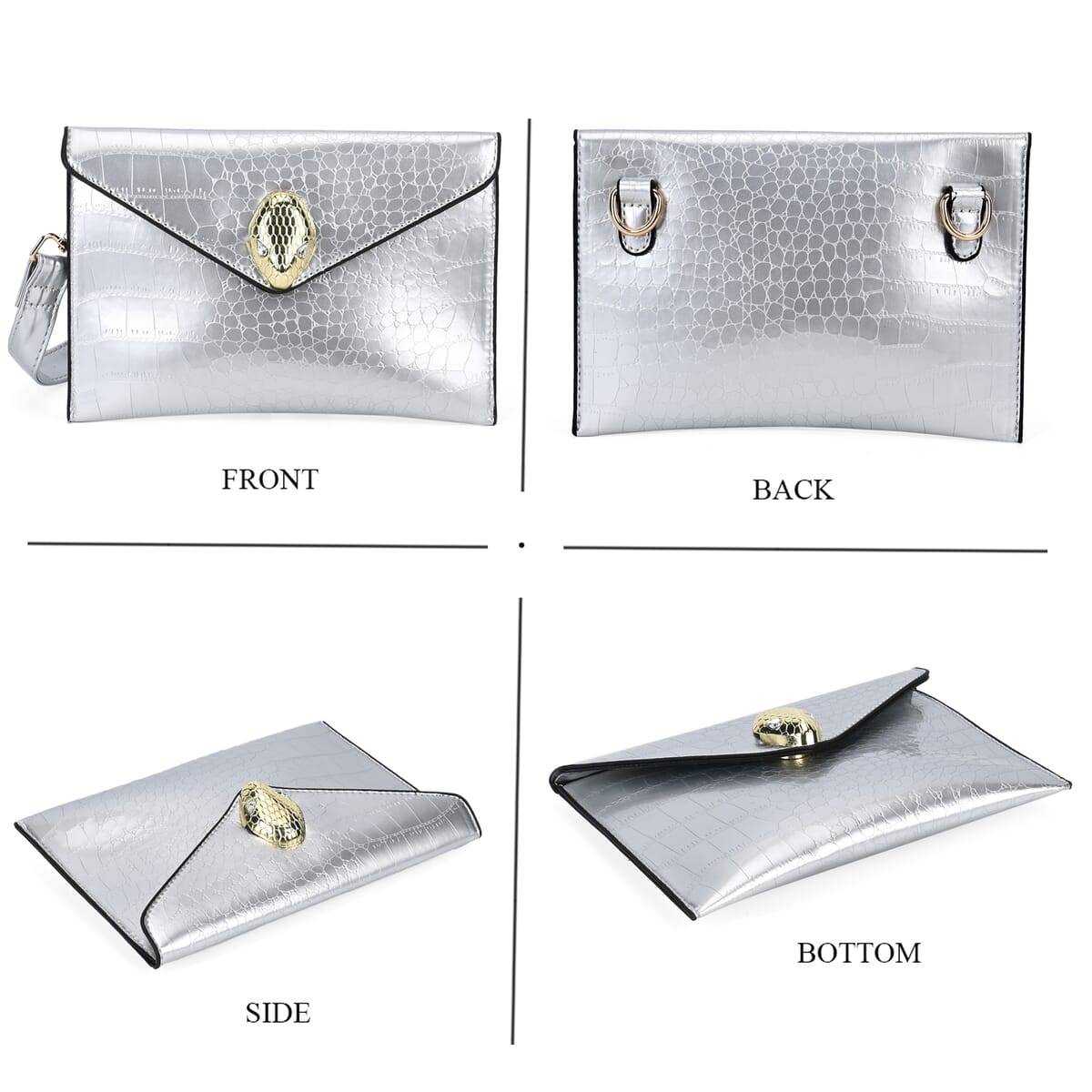 Set of 3 Silver Faux Leather Crocodile Embossed Metallic Shoulder Bag, Crossbody Bag and Card Holder image number 5