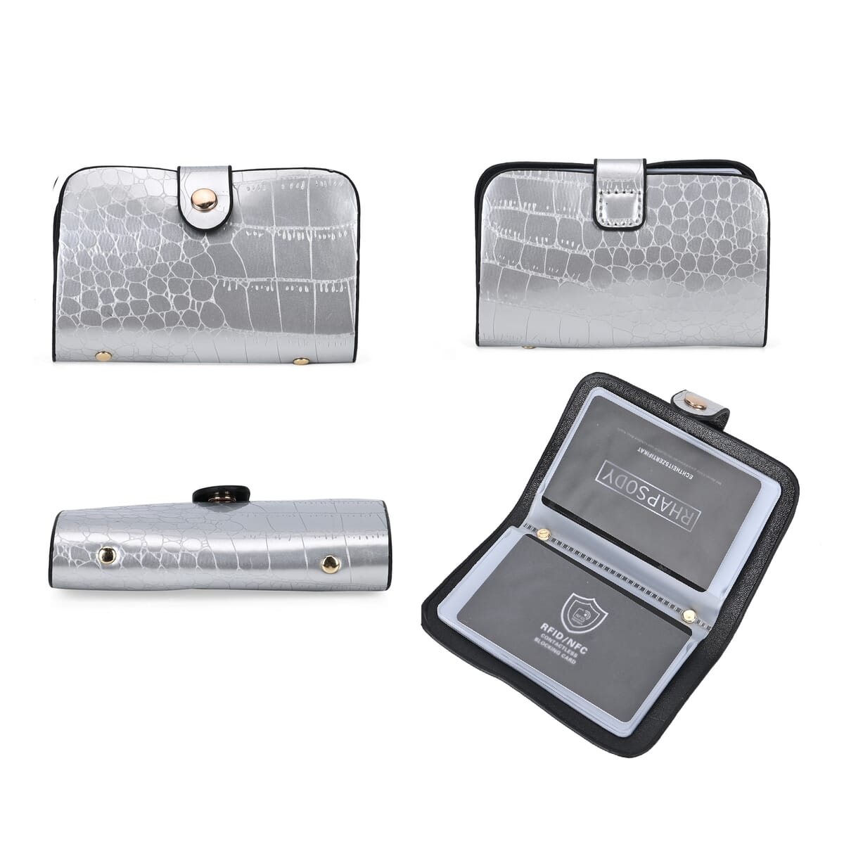 Set of 3 Silver Faux Leather Crocodile Embossed Metallic Shoulder Bag, Crossbody Bag and Card Holder image number 7