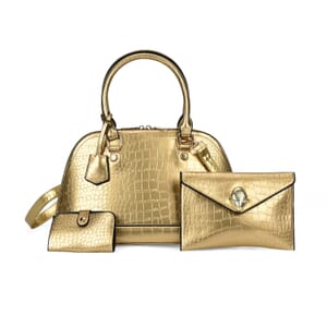 Set of 3 Golden Faux Leather Crocodile Embossed Metallic Shoulder Bag, Crossbody Bag and Card Holder