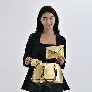 Set of 3 Golden Faux Leather Crocodile Embossed Metallic Shoulder Bag, Crossbody Bag and Card Holder