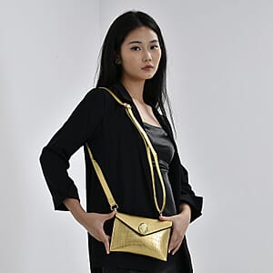 Set of 3 Golden Faux Leather Crocodile Embossed Metallic Shoulder Bag, Crossbody Bag and Card Holder