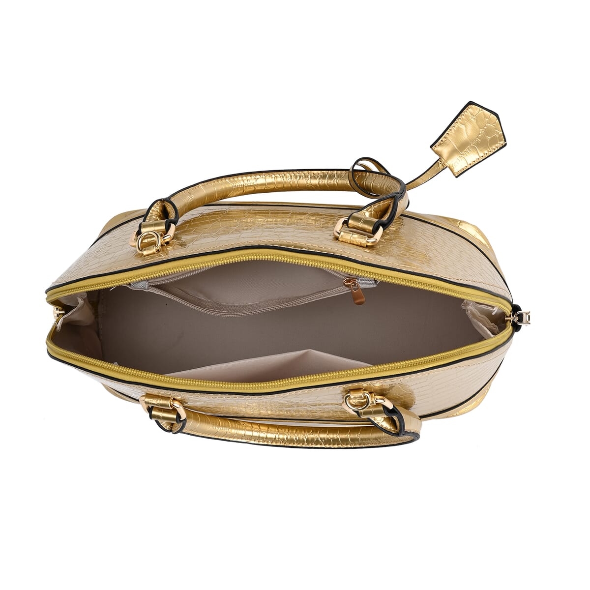 Set of 3 Golden Faux Leather Crocodile Embossed Metallic Shoulder Bag, Crossbody Bag and Card Holder image number 4