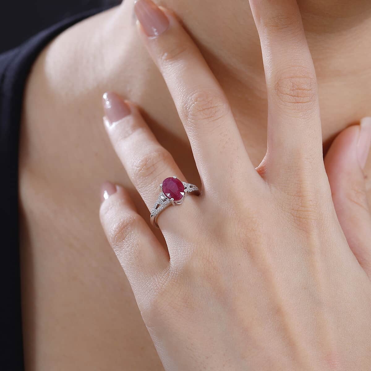 Niassa Ruby (FF) and White Zircon 3.00 ctw Ring in Rhodium Over Sterling Silver (Size 10.0) image number 2