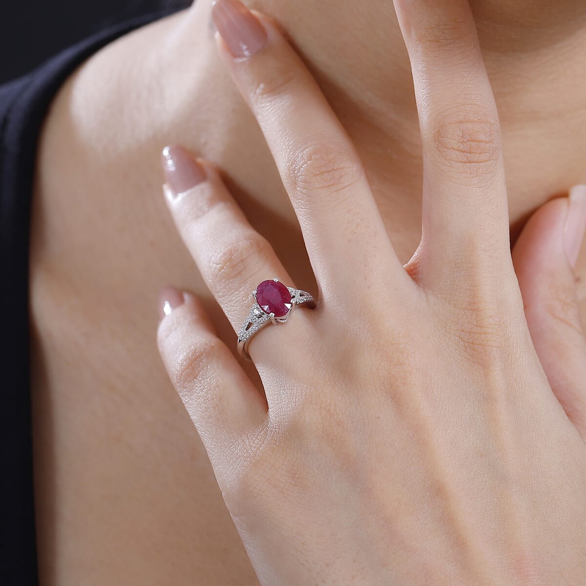Niassa Ruby (FF) and White Zircon 3.00 ctw Ring in Rhodium Over Sterling Silver (Size 8.0) image number 2