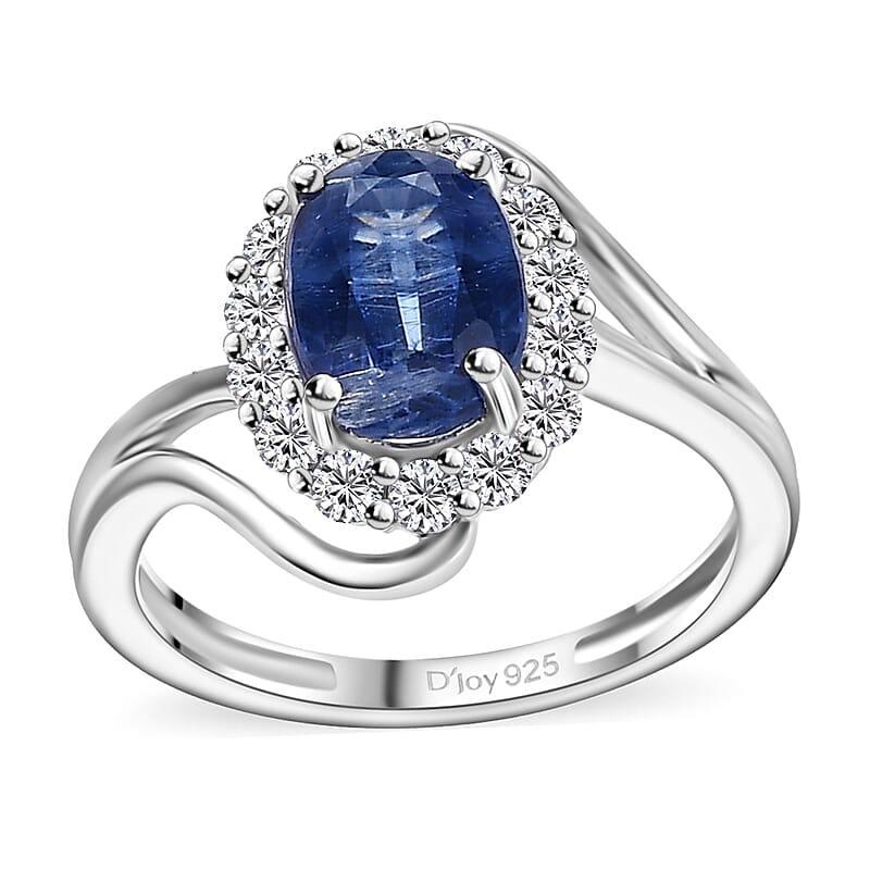 Kashmir Kyanite and Moissanite 2.10 ctw Bypass Ring in Rhodium Over Sterling Silver (Size 10.0)