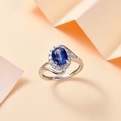 Kashmir Kyanite and Moissanite 2.10 ctw Bypass Ring in Rhodium Over Sterling Silver (Size 10.0)
