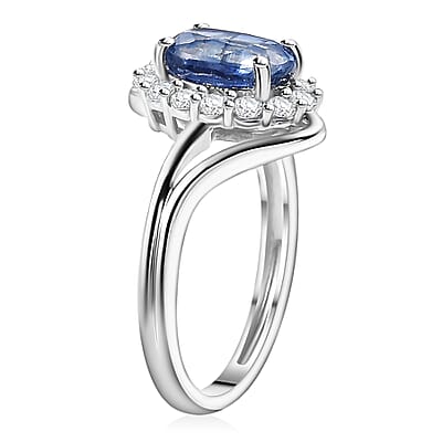 Kashmir Kyanite and Moissanite 2.10 ctw Bypass Ring in Rhodium Over Sterling Silver (Size 10.0)