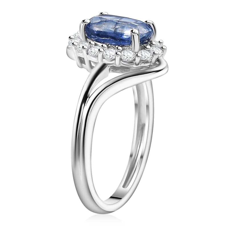 Kashmir Kyanite and Moissanite 2.10 ctw Bypass Ring in Rhodium Over Sterling Silver (Size 10.0)