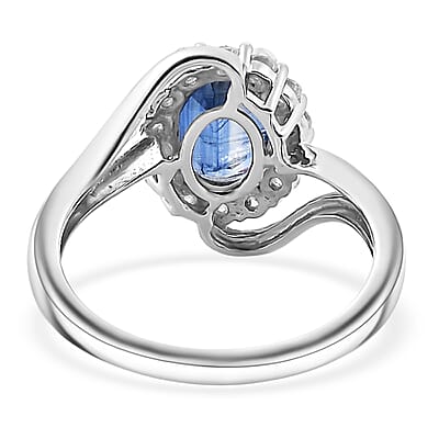 Kashmir Kyanite and Moissanite 2.10 ctw Bypass Ring in Rhodium Over Sterling Silver (Size 10.0)