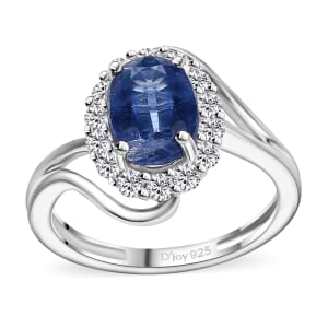 Kashmir Kyanite and Moissanite 2.10 ctw Bypass Ring in Rhodium Over Sterling Silver (Size 9.0)