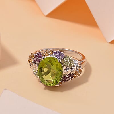 Hebei Peridot and Multi Gemstone 5.90 ctw Garden Serenity Ring in Rhodium Over Sterling Silver (Size 10.0)