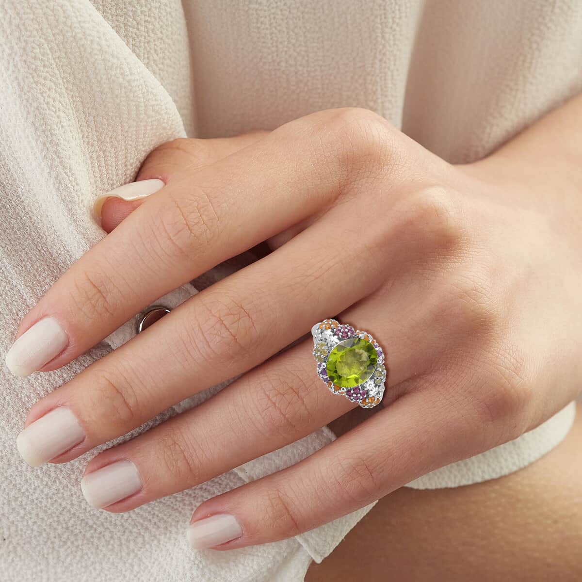 Hebei Peridot and Multi Gemstone 5.90 ctw Garden Serenity Ring in Rhodium Over Sterling Silver (Size 10.0) image number 2