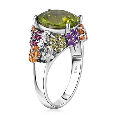Hebei Peridot and Multi Gemstone 5.90 ctw Garden Serenity Ring in Rhodium Over Sterling Silver (Size 10.0)