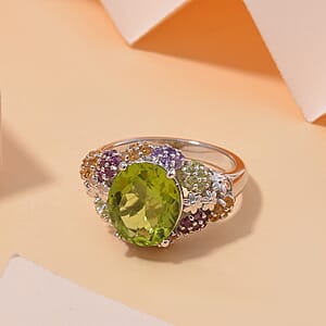 Hebei Peridot and Multi Gemstone 5.90 ctw Garden Serenity Ring in Rhodium Over Sterling Silver (Size 7.0)