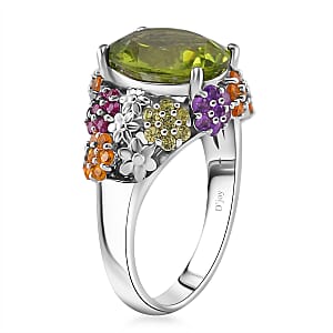 Hebei Peridot and Multi Gemstone 5.90 ctw Garden Serenity Ring in Rhodium Over Sterling Silver (Size 7.0)