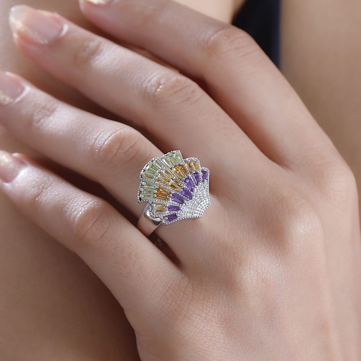 GP Trionfo Collection: Special Sealife Multi Gemstone 1.50 ctw Ring in Rhodium Over Sterling Silver (Size 5.0) image number 2