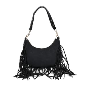 Black Faux Leather Shoulder Bag with Tassel