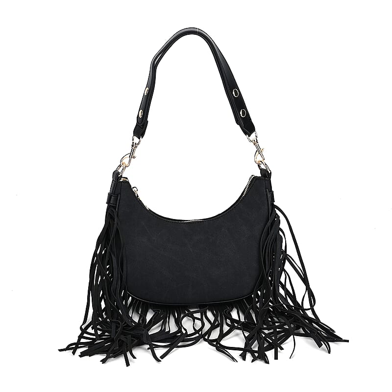 Black Faux Leather Shoulder Bag with Tassel