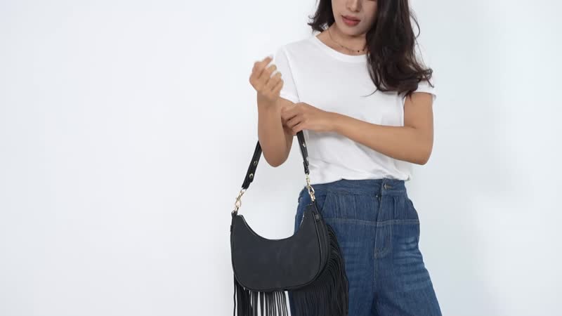 Black Faux Leather Shoulder Bag (9.5"x2.8"x6.7") with Tassel