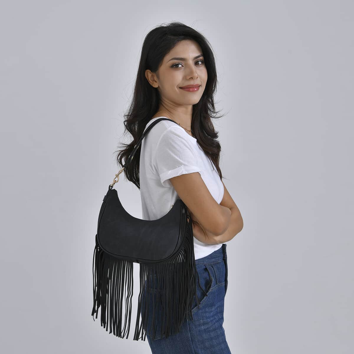 Black Faux Leather Shoulder Bag with Tassel image number 1