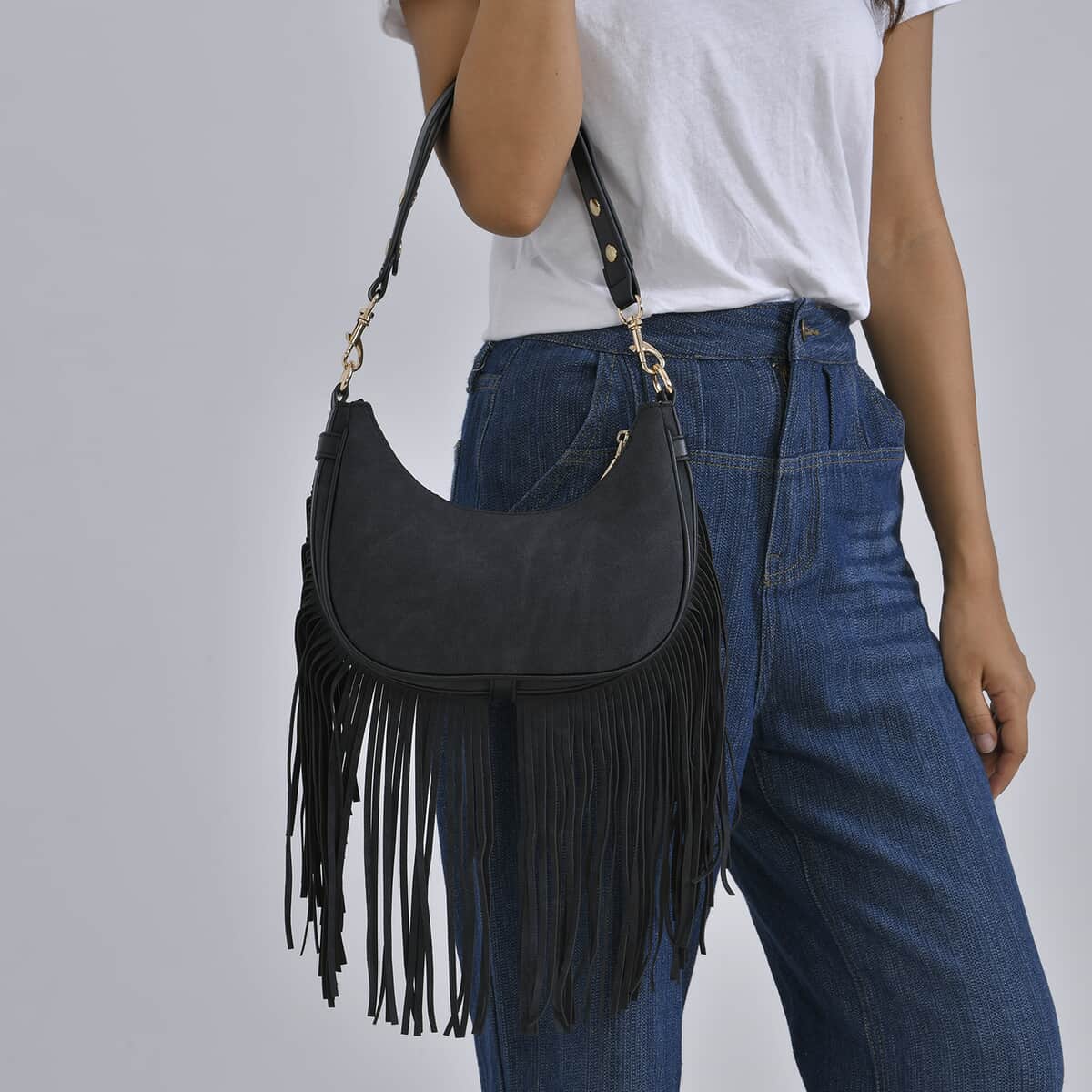 Black Faux Leather Shoulder Bag with Tassel image number 2