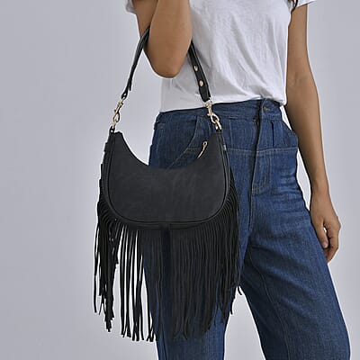 Black Faux Leather Shoulder Bag with Tassel