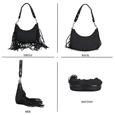 Black Faux Leather Shoulder Bag with Tassel