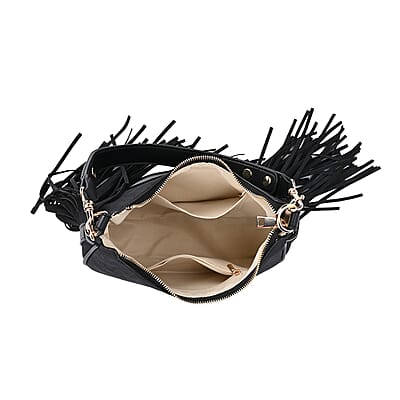 Black Faux Leather Shoulder Bag with Tassel