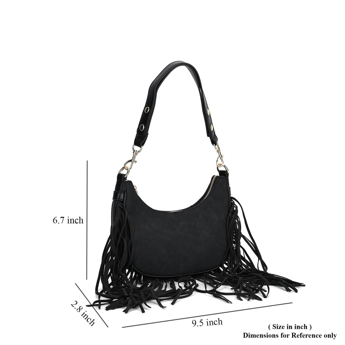 Black Faux Leather Shoulder Bag with Tassel image number 6