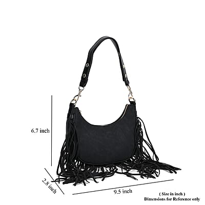 Black Faux Leather Shoulder Bag with Tassel