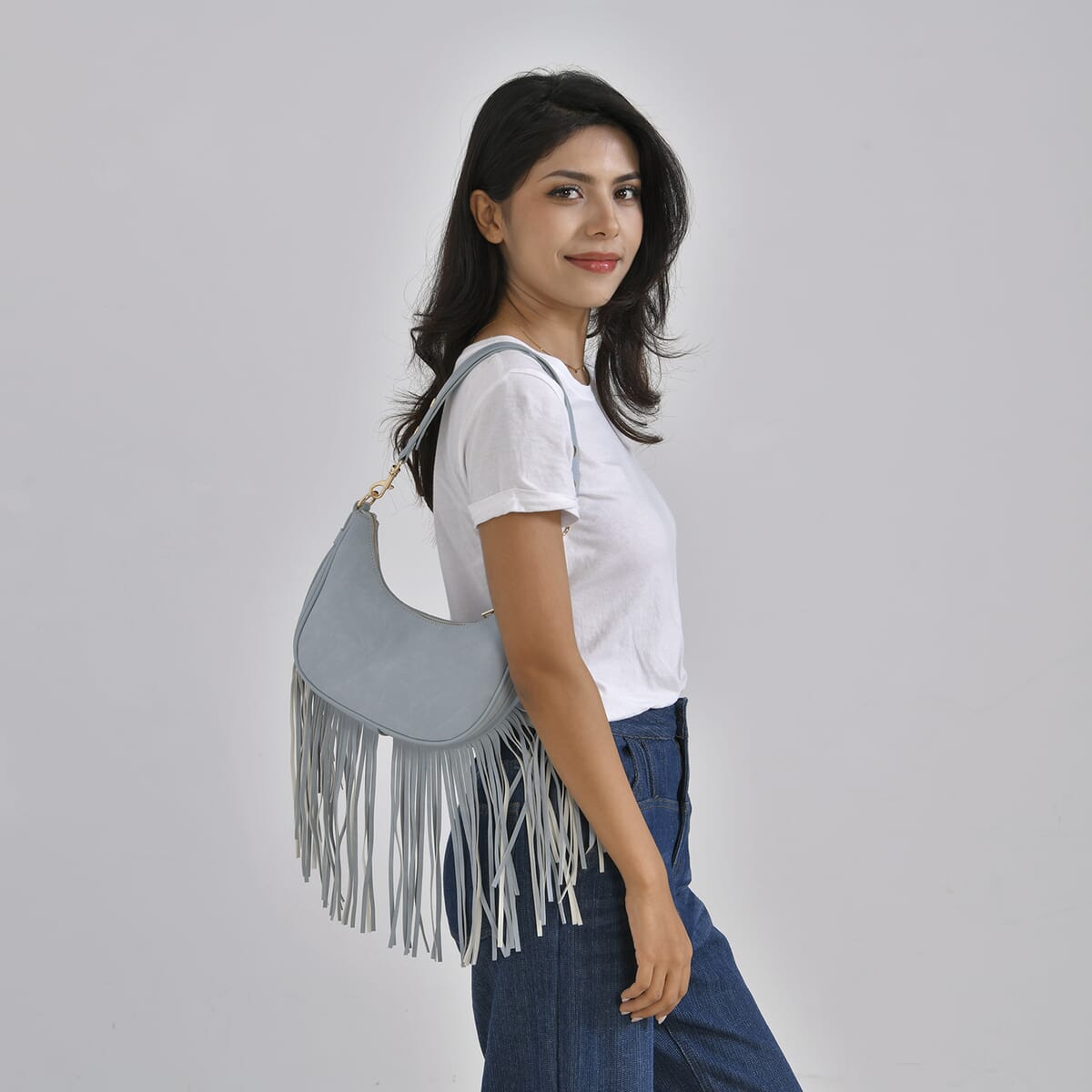 Blue Faux Leather Shoulder Bag with Tassel image number 1